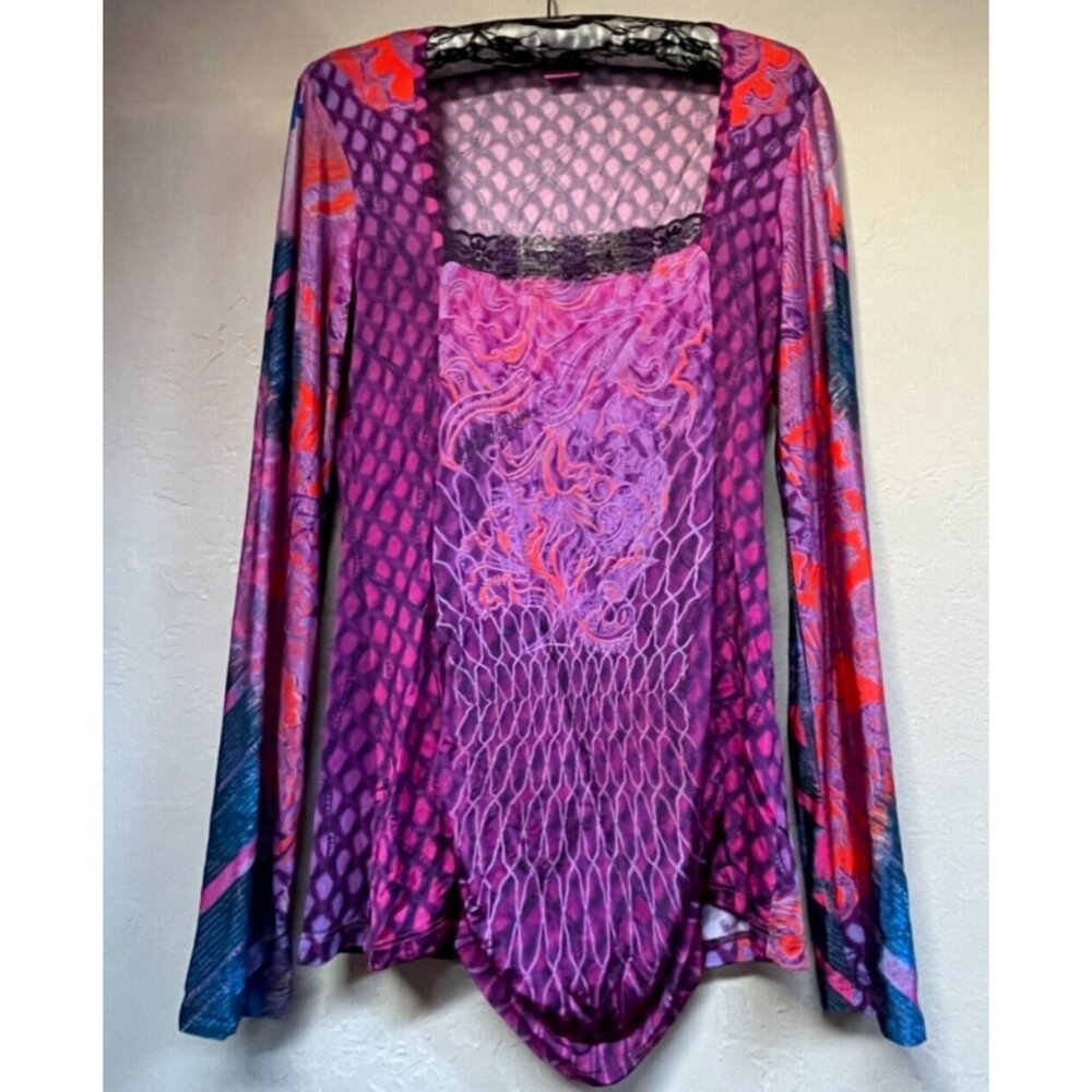 Save The Queen Lace Sequin Square Neck Bell Sleeve Top Medium Purple Red Stretch